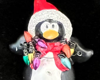 Vintage Holiday Penguin Brooch with String of Christmas Lights