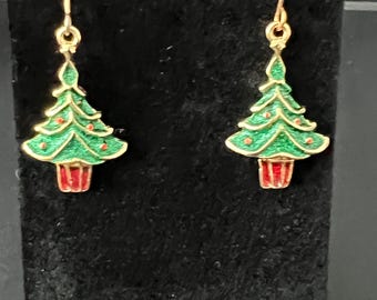 Vintage Gold-Tone Christmas Tree Dangle Earrings
