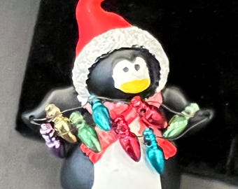 Vintage Holiday Santa Hat Penguin Tangled in Christmas Lights Brooch