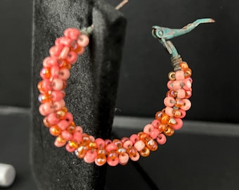 Vintage Coral Bead Hoop Pierced Earrings