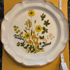 Pu&ograve; includere: Un piatto in ceramica bianca con bordo smerlato e motivo floreale. Il piatto presenta fiori gialli, arancioni e blu con foglie verdi. Il piatto ha un diametro di circa 25 cm.