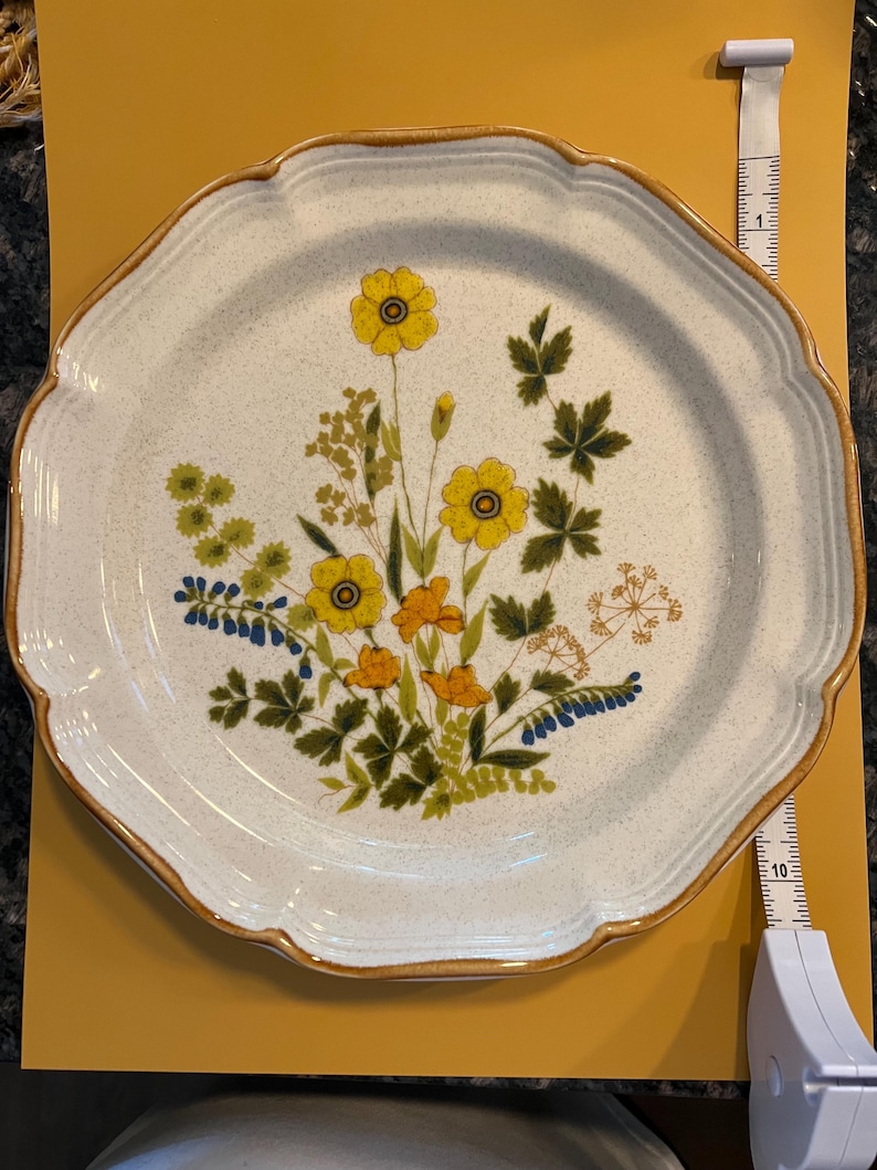 Pu&ograve; includere: Un piatto in ceramica bianca con bordo smerlato e motivo floreale. Il piatto presenta fiori gialli, arancioni e blu con foglie verdi. Il piatto ha un diametro di circa 25 cm.