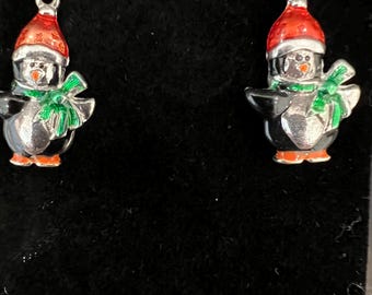 Vintage Enamel Penguin Pierced Earrings with a Red Hat and Green Scarf