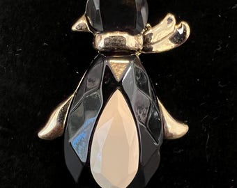 Vintage Jet Black and White Cut Crystal Penguin Figure Brooch with a Gold-Tone Finish