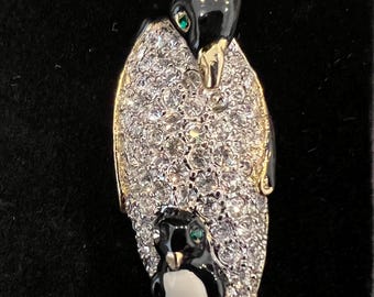 Vintage 1980s Gold-plated Black & White Enamel Penguin / Chick Brooch, With Crystal Pavé Diamanté