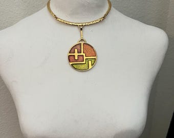 Vintage Gold-Tone Choker Necklace, Abstract Enamel Pendant
