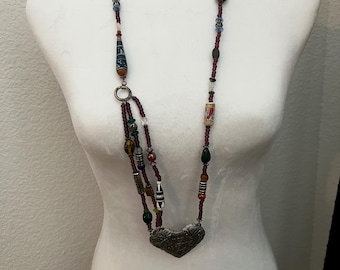 Vintage Multi-Strand Beaded Necklace with Heart Pendant