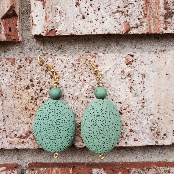 Green Lava Stone & Howlite Dangly Beaded Pierced Earrings Gold Plated Nickel Free