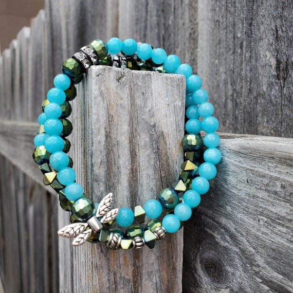 Plus Size Dragonfly Stretch Bracelets Blue Green AB Faceted Crystal 8.5" Extended