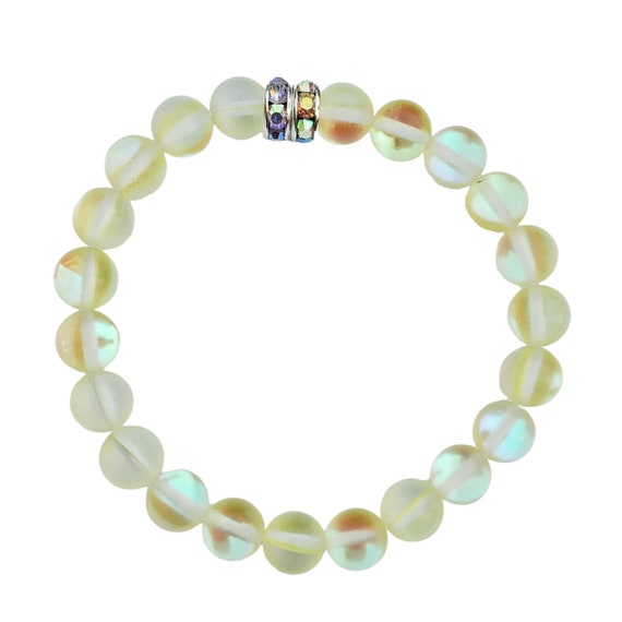 Light Yellow Mermaid Glass Iridescent Stretch Bracelet with Silver Rhinestone Beads