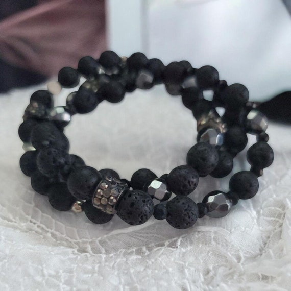 Black Lava Stone & Hematite Stretch Bracelet Set with Gunmetal Rhinestones