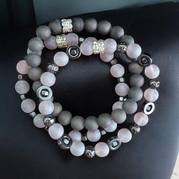 Matte Pink and Gray Hematite Stretch Bracelets - Set of 3