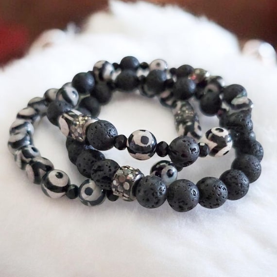 Black & White Polka Dot Stretch Bracelets - Set of 3 - with Lava Beads, Gunmetal Accents