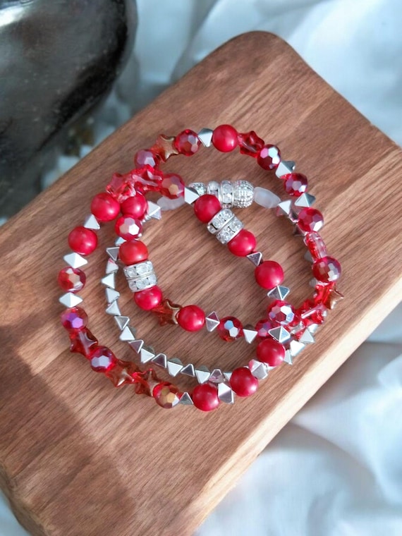 Red & White Glass Star Stretch Bracelets - Set of 3 - Silver Hematite, Rhinestones