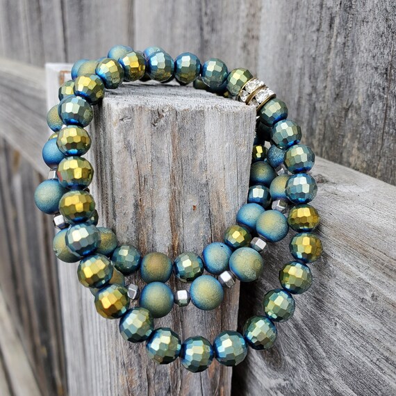 Plus Size Blue Green Druzy Czech Glass Stretch Bracelets - Set of 3 Brass Metallic - XL 8.5"