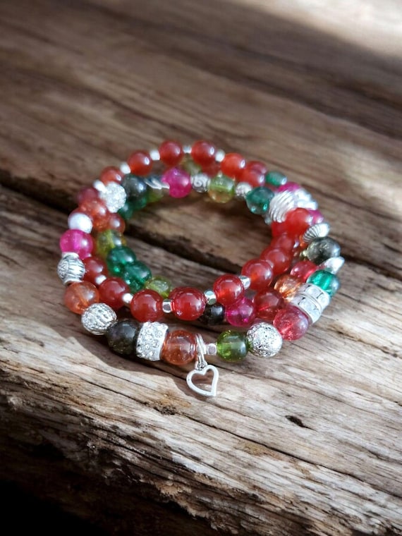 Multi Color Carnelian Crackle Glass Stretch Bracelets - Set of 3 - Heart Charm, Rhinestones