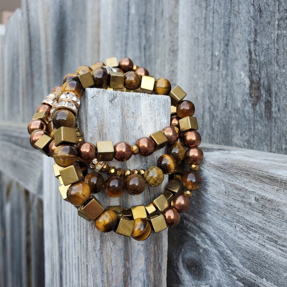Tiger Eye Stretch Bracelets - Set of 5 - Brown Beads, Multi Tone Gold, Copper, Rose