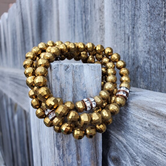 Metallic Gold Stretch Bracelets - Set of 4 - with Rhinestones