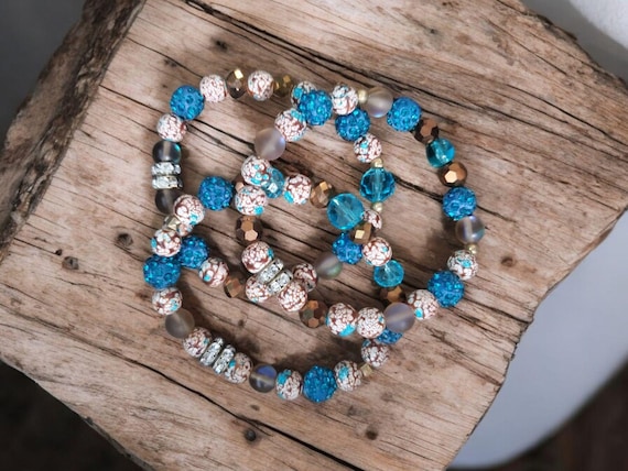 Blue and Brown Rhinestone Stretch Bracelets - Set of 3 - with Gold Tone Accents