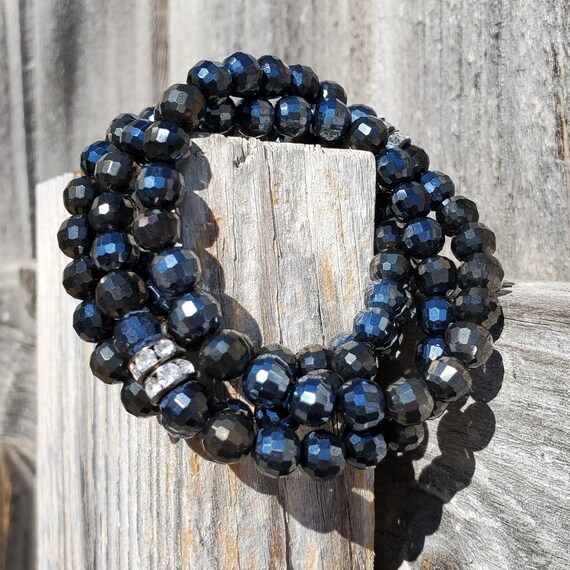 Metallic Midnight Blue Stretch Bracelets - Set of 4 - with Rhinestones