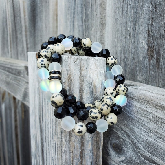 Animal Print Onyx & Dalmatian Spot Gemstone Stretch Bracelets - Set of 4