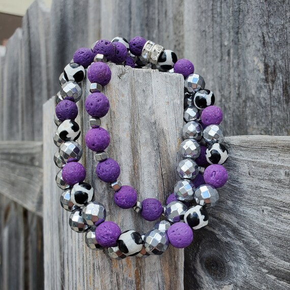 Plus Size Purple & Silver Hematite Stretch Bracelets Lava Beads Polka Dot 8.5" Extended