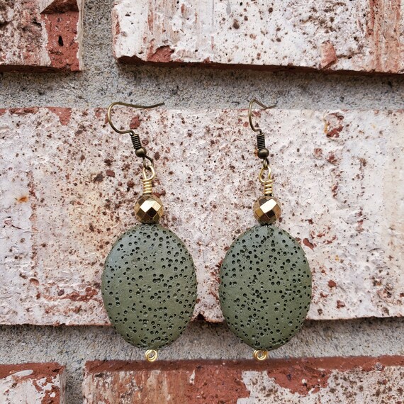 Olive Green Lava Stone & Hematite Dangly Beaded Pierced Earrings Gold Plated Nickel Free