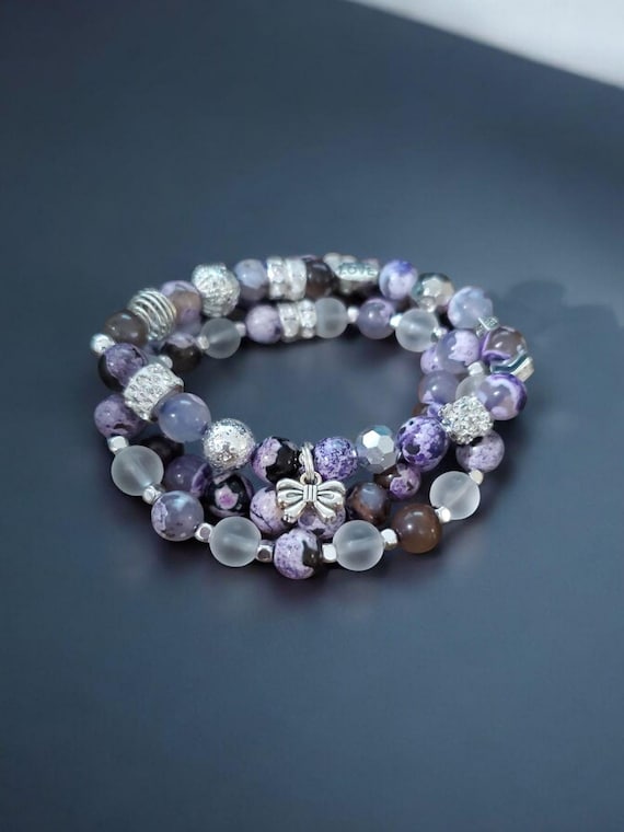 Purple and Silver Agate Stretch Bracelets - Set of 3 - Dangly Bow Charm