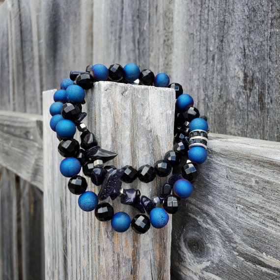 Plus Size Blue & Black Stretch Bracelets Druzy Navy Goldstone Faceted Glass 8.5" Extended