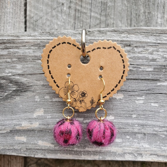 Hot Pink Leopard Print Faux Fur Pom Pom Dangle Earrings Gold Plated Pierced Ear Wires