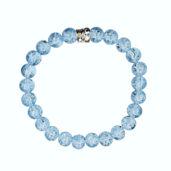 Swanky Twenty Aquamarine Crackle Glass Stretch Bracelet with Rhinestones - Light Blue, March Birthstone