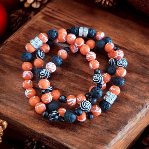 Orange & Black Splatter Stretch Bracelets - Set of 3 - with Lava Beads and Silver Accents