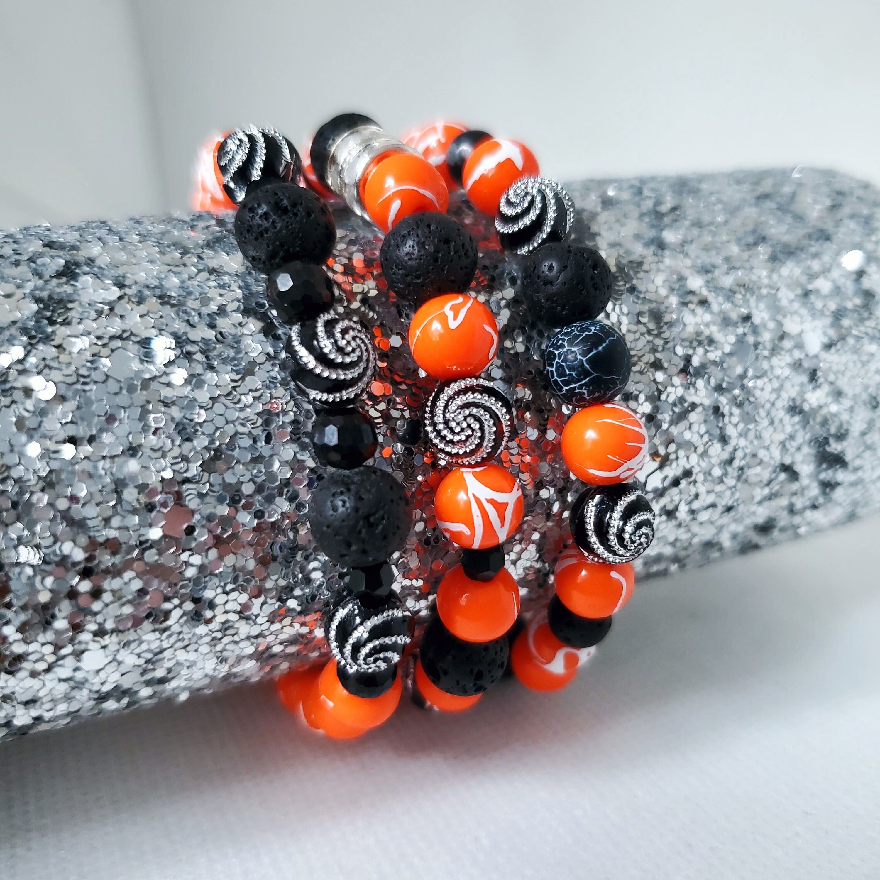 Orange & Black Splatter Stretch Bracelets - Set of 3 - with