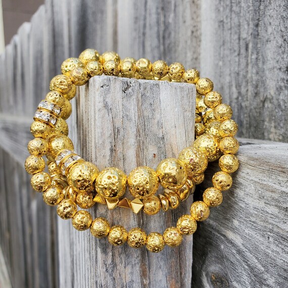 Plus Size Gold Plated Lava Bead Hematite Stretch Bracelets - Set of 3 - XL 8.5"