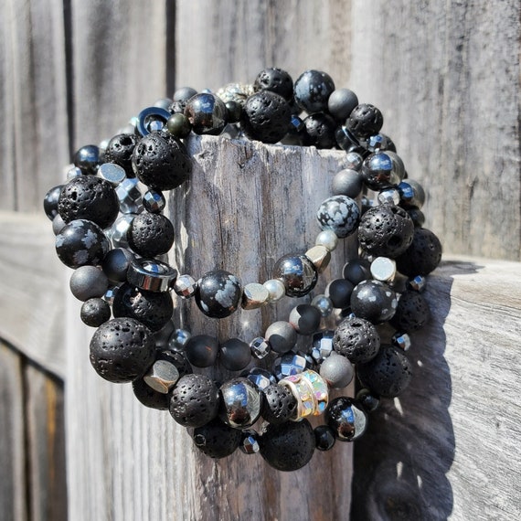 Black Lava Silver Hematite Stretch Bracelets - Set of 5 - Snowflake Obsidian