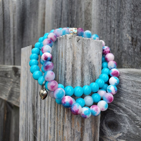 Plus Size Tie Dye Stretch Bracelets Aqua Blue Purple 8.5" Extended