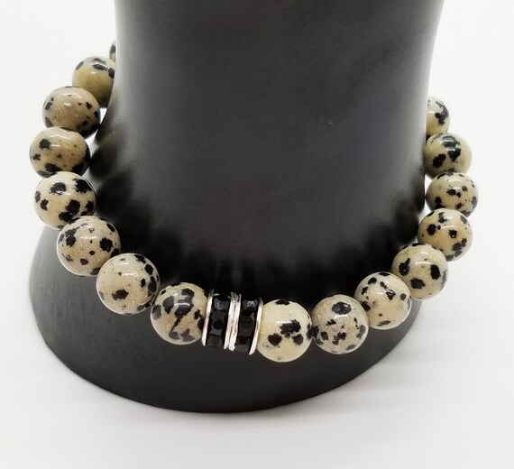 Leopard Stretch Bracelet - Dalmatian Spot Gemstone - Black Rhinestones