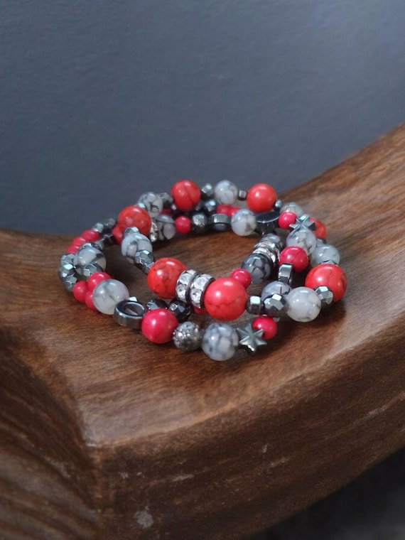 Howlite & Hematite Red Stretch Bracelets - Set of 3 - Gray Glass, Rhinestones