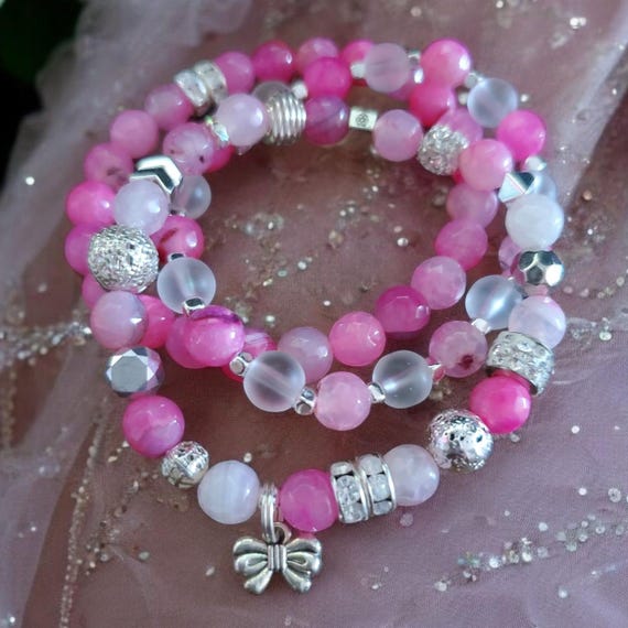 Pink Faceted Agate Stretch Bracelets - Set of 3 - Dangly Bow Charm