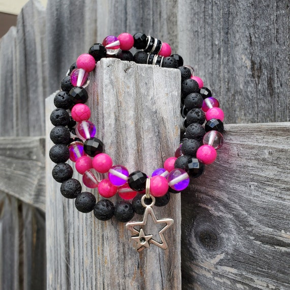 Plus Size Pink & Black Star Charm Stretch Bracelets Lava Beads Polka Dot 8.5" Extended