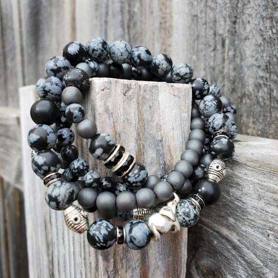 Elephant Stretch Bracelets - Set of 5 - Snowflake Obsidian, Black and Gray Glass