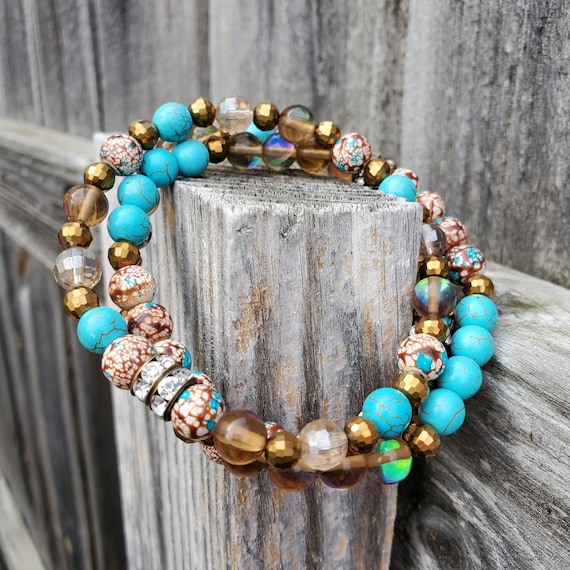 Plus Size Turquoise Crackle Stretch Bracelets Brown Iridescent Glass Faceted Crystal Beads