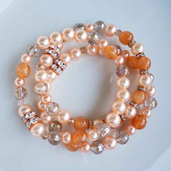 Bracelets & Earrings Set Sparkly Peach Rose Gold Stretch with Rhinestones
