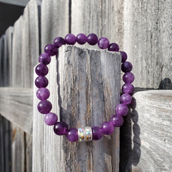 Swanky Twenty Genuine Amethyst Gemstone Stretch Bracelet with Rhinestones - Purple, February Birthstone