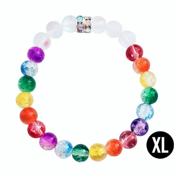 Plus Size Rainbow Crackle Bead Stretch Bracelet with Mermaid Glass and Rhinestones