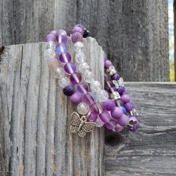 Plus Size Purple Butterfly Stretch Bracelets Mermaid Crackle Glass Beads 8.5" Extended