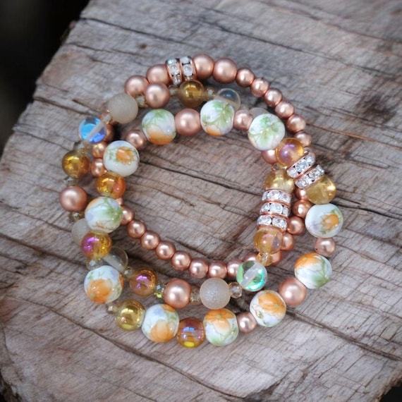 Matte Rose Gold Porcelain Bead Stretch Bracelets - Set of 3