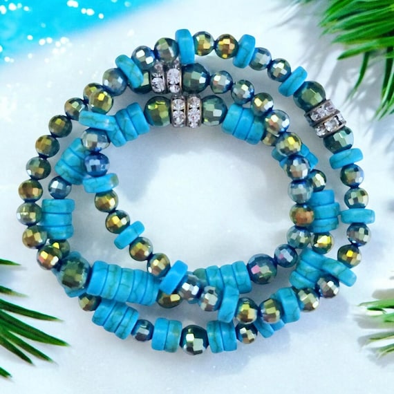 Turquoise Howlite & Hematite Stretch Bracelet Set - Metallic Green Glass Beads