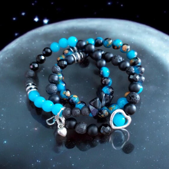 Blue & Black Fire Agate Stretch Bracelets - Set of 3 - with Heart Charms