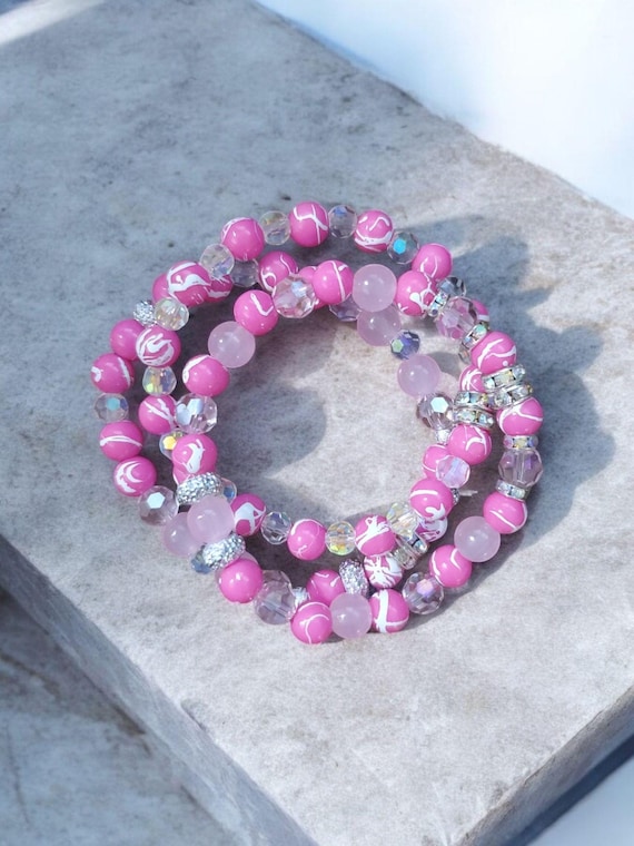 Pretty Pink Splatter Stretch Bracelets - Set of 3 - with Silver Accents and AB Rhinestones